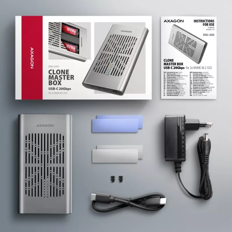 Case esterno AXAGON EEM2-20GD USB-C 20 Gbps per due SSD M.2 NVMe con clonazione hardware