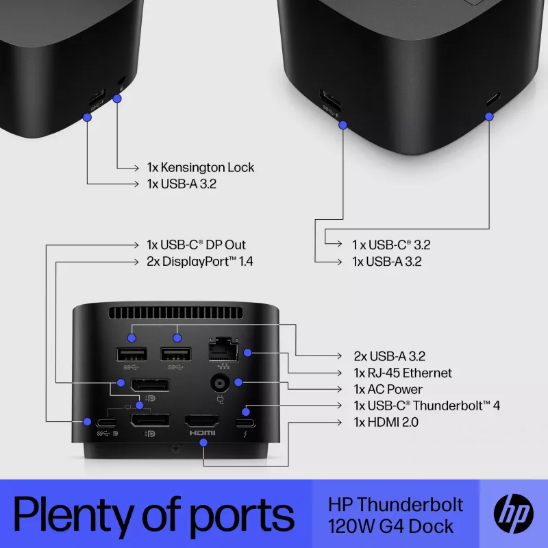 HP Thunderbolt Dock 120W G4, Kensington, Cina, Thailandia, Taiwan, Business, Windows 10, Windows 11, MacOS, 98 mm