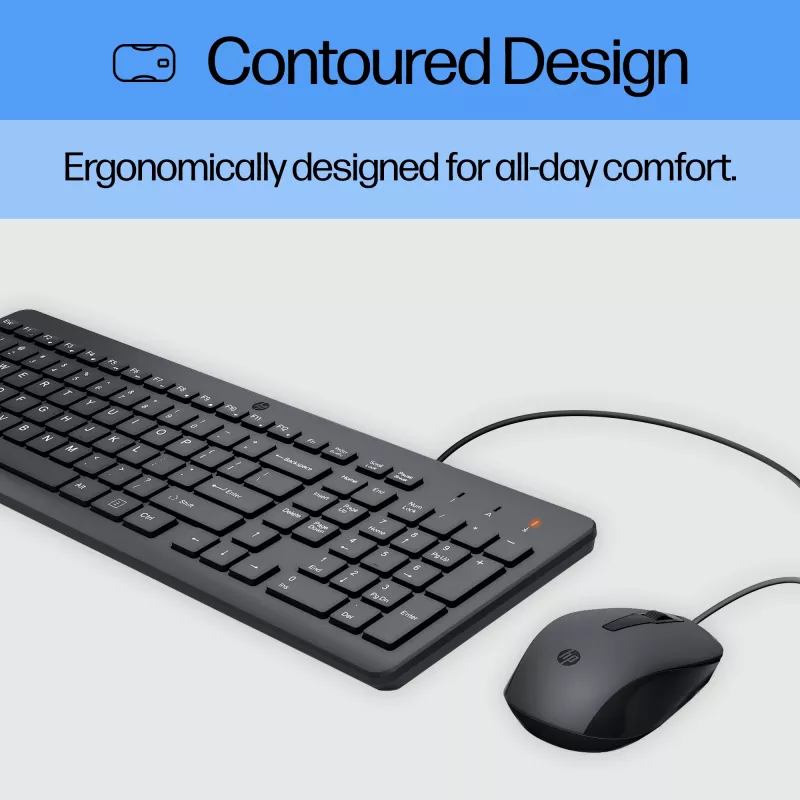 Set tastiera e mouse con filo HP 150 — tastiera Full-Size USB (a membrana), nero, mouse incluso