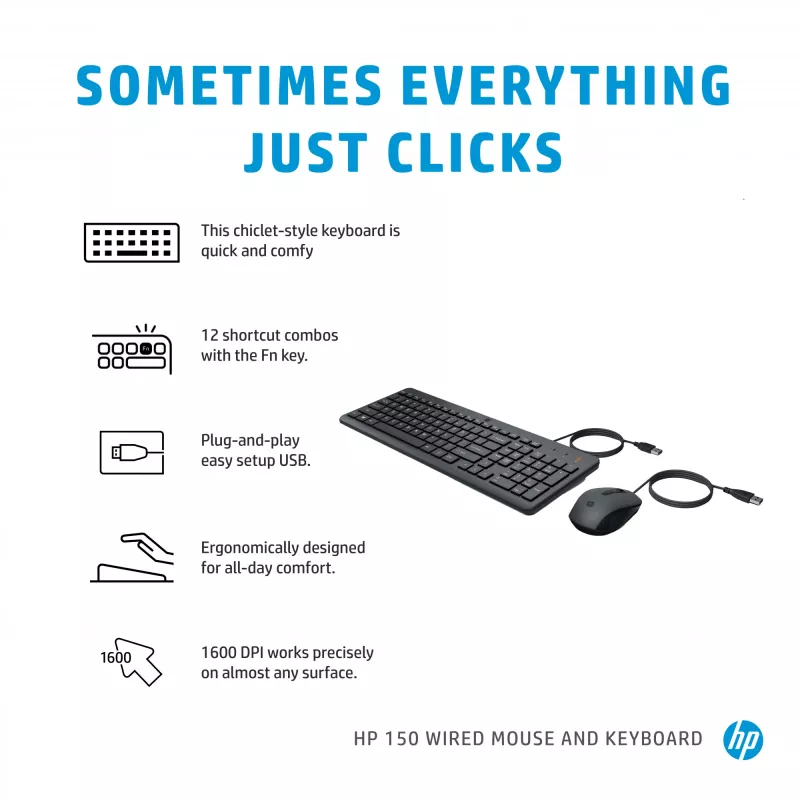 Set tastiera e mouse con filo HP 150 — tastiera Full-Size USB (a membrana), nero, mouse incluso