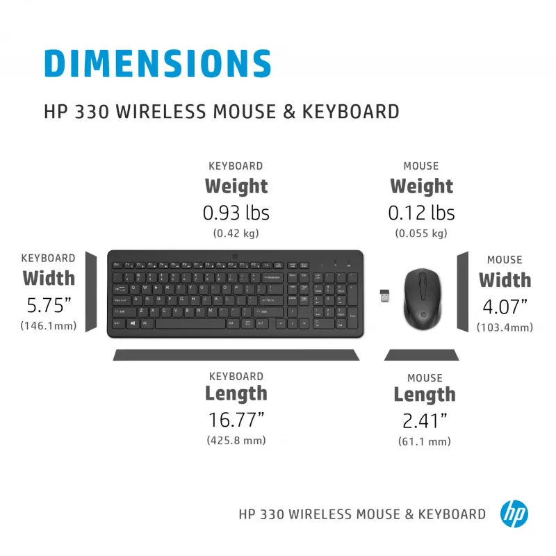 Set tastiera e mouse wireless HP 330 — tastiera Full-Size, RF Wireless, nero, mouse incluso