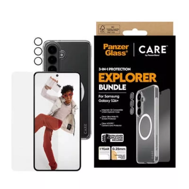 Protezione display PanzerGlass CARE 3-in-1 per Samsung Galaxy S Plus 2026 — set PanzerGlass CARE