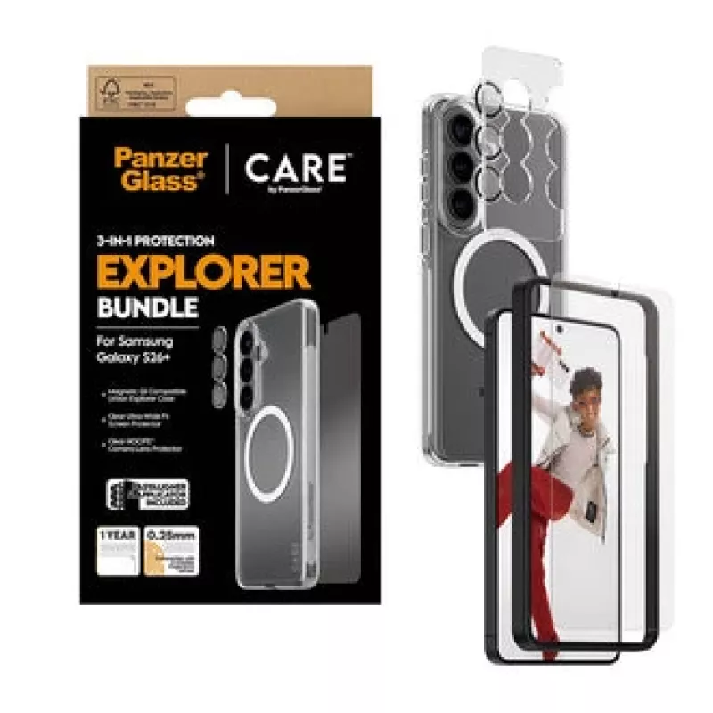 Protezione display PanzerGlass CARE 3-in-1 per Samsung Galaxy S Plus 2026 — set PanzerGlass CARE