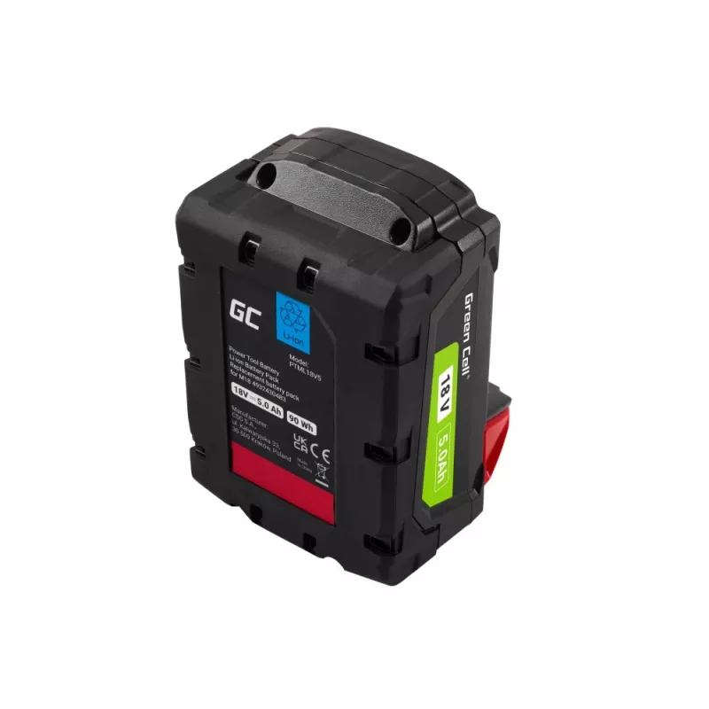 Batteria Green Cell PTML18V5 Li-Ion 18 V 5 Ah per utensili senza filo, dimensioni 8 × 11,9 × 7,5 cm