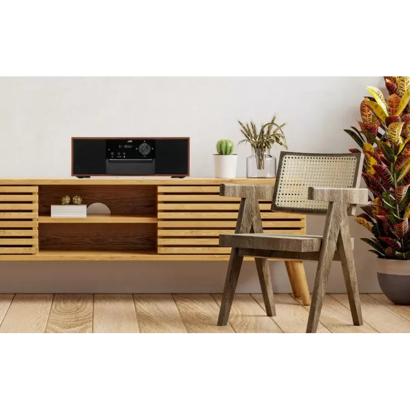 Mini impianto stereo JVC RD-E761, 2x8 W RMS, Bluetooth 4.2, USB, CD, FM, cassa in legno, nero