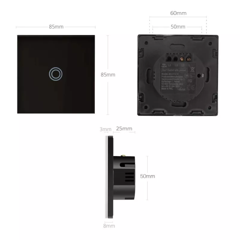 Interruttore a parete MACLEAN MCE710B controllo touch singolo, placca a parete integrata compatibile