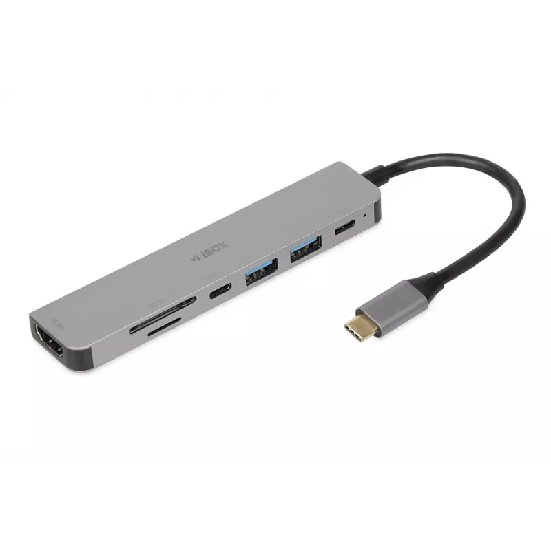 Docking hub IBOX IUH3SL4K USB Type-C 5 Gbit/s, HDMI 4K@30Hz, PD fino a 100 W, 2x USB-A, 2x USB-C, lettore di schede, argento