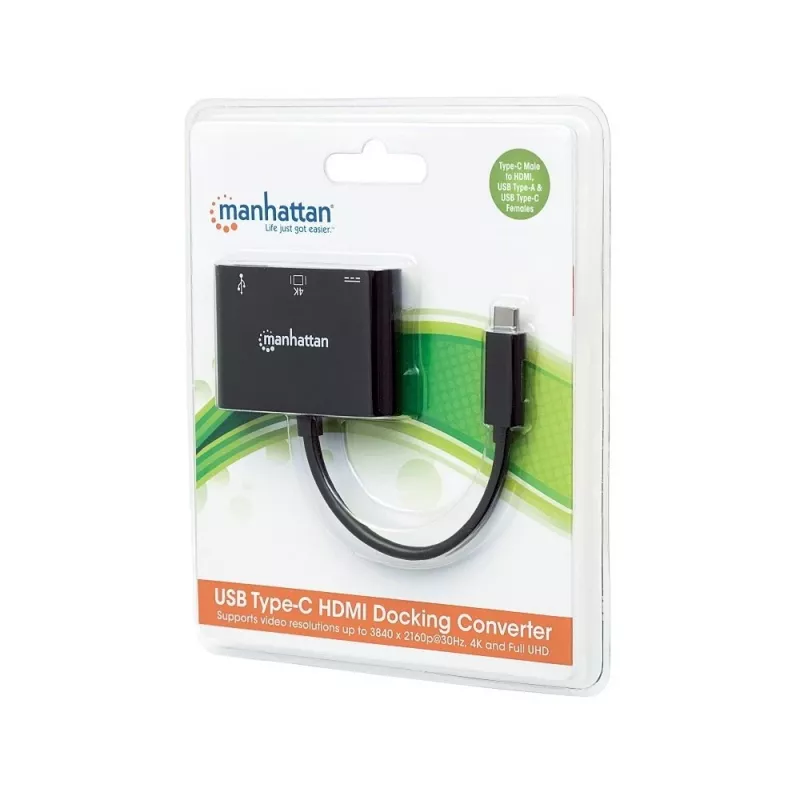 Manhattan dock/hub USB-C, porte (x3): HDMI, USB-A e USB-C, 5 Gbit/s (USB 3.2 Gen1 alias USB 3.0), con Power Delivery (60W) alla porta USB-C (nota: alimentatore USB-C aggiuntivo e USB-