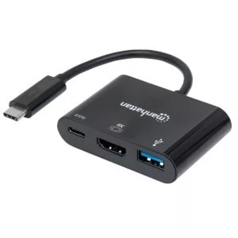 Manhattan dock/hub USB-C, porte (x3): HDMI, USB-A e USB-C, 5 Gbit/s (USB 3.2 Gen1 alias USB 3.0), con Power Delivery (60W) alla porta USB-C (nota: alimentatore USB-C aggiuntivo e USB-