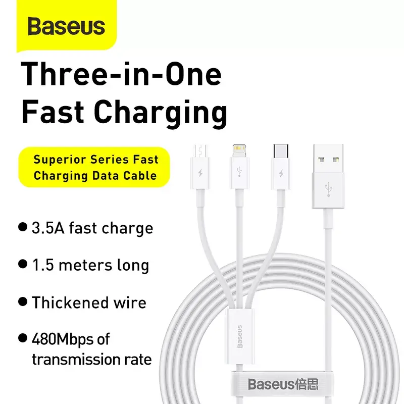 Cavo USB Baseus Superior USB 2.0 1,5 m USB A USB C/Micro USB A/Lightning bianco