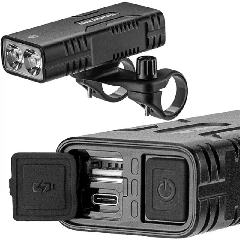 Rockbros luce per bicicletta con funzione power bank + cavo da USB-C a USB-A, 850 lm, nero