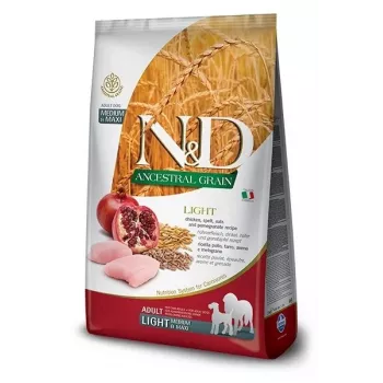 FARMINA N&D ANCESTRAL GRAIN DOG LIGHT - POLLO, FARRO, AVENA E MELOGRANO ADULTI TAGLIA MEDIA & MAXI 12 kg