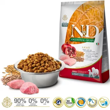FARMINA N&D ANCESTRAL GRAIN DOG LIGHT - POLLO, FARRO, AVENA E MELOGRANO ADULTI TAGLIA MEDIA & MAXI 12 kg