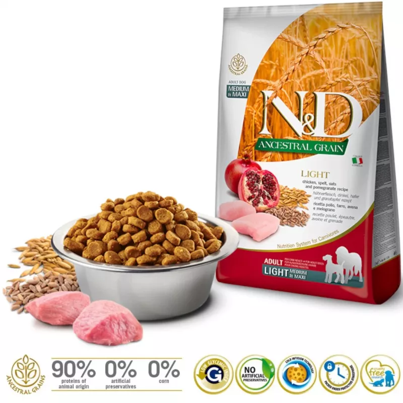 FARMINA N&D ANCESTRAL GRAIN DOG LIGHT - POLLO, FARRO, AVENA E MELOGRANO ADULTI TAGLIA MEDIA & MAXI 12 kg