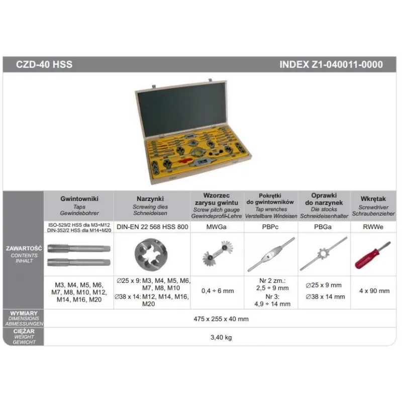 Maschi e filiere FANAR 40cz HSS set per filettatura M3–M20