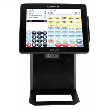 Sistema cassa tutto-in-uno Olympia Touch 200 TSE – touchscreen TFT 24,6 cm (9,7″), stampante termica 170 mm/s, scheda SD, nero