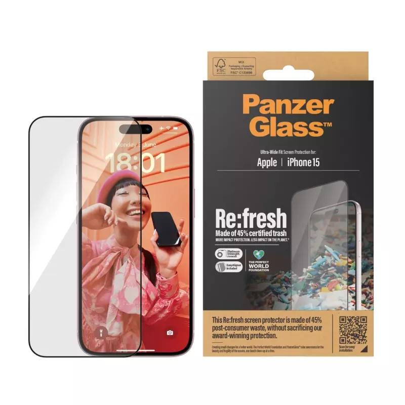 PanzerGlass ® Re:fresh protezione display iPhone 15 Ultra-Wide Fit EasyAligner antishock trasparente