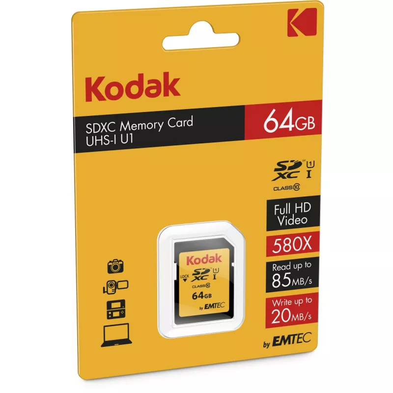 Kodak SDXC Premium Scheda di memoria, 64 GB, UHS-I U1 V10, Class 10 (EKMSD64GXC10K)