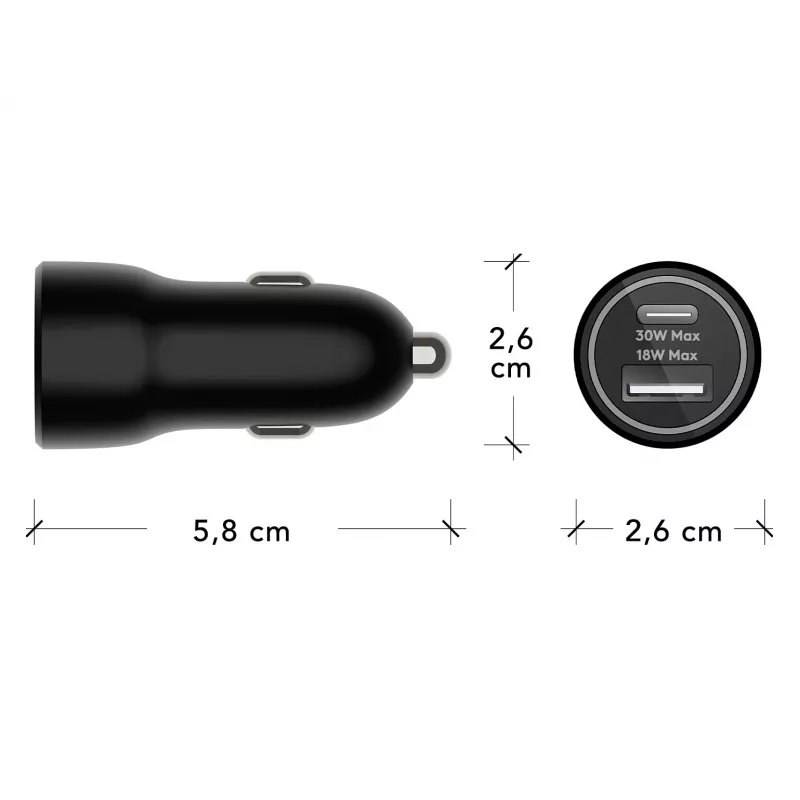 Caricabatterie da auto d bramante re-charge — USB-C 30W + USB-A 18W, 12–24V, nero