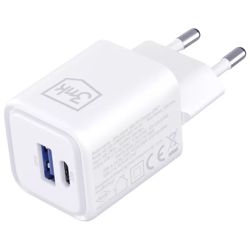 Caricabatterie da parete 3MK Hyper Charger PD 33W GaN QC4+ bianco – USB-C PD 33W, GaN, Quick Charge 4+