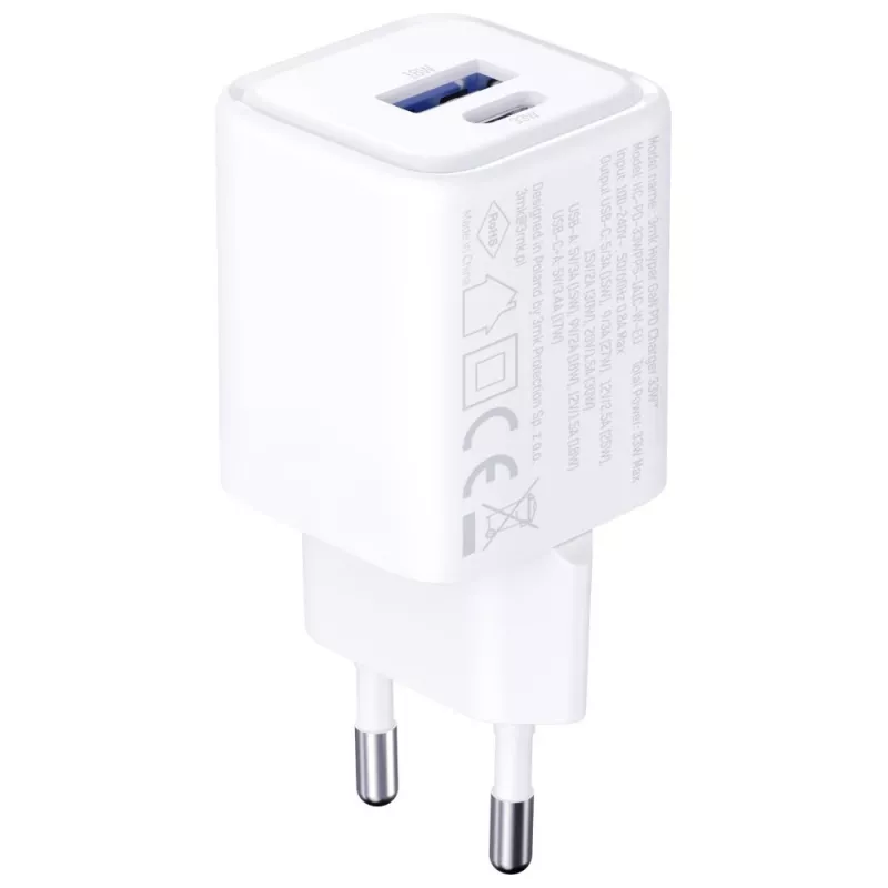 Caricabatterie da parete 3MK Hyper Charger PD 33W GaN QC4+ bianco – USB-C PD 33W, GaN, Quick Charge 4+