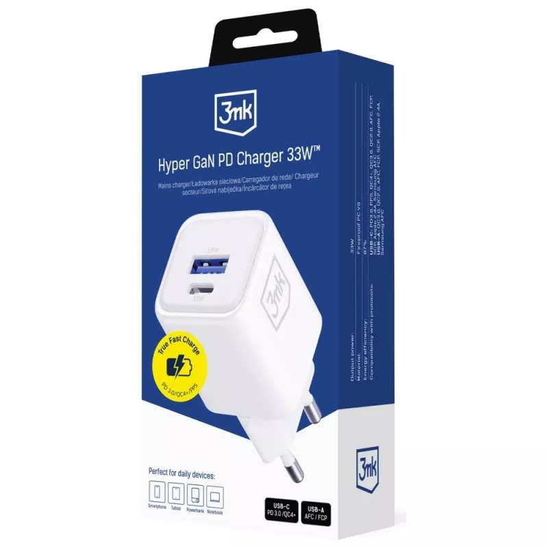 Caricabatterie da parete 3MK Hyper Charger PD 33W GaN QC4+ bianco – USB-C PD 33W, GaN, Quick Charge 4+