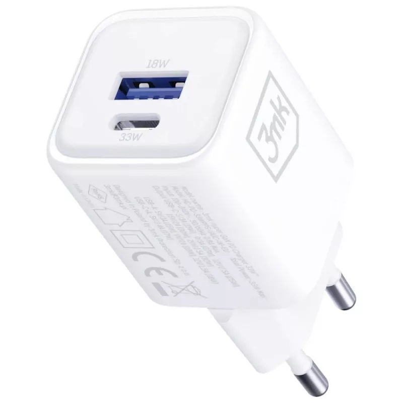Caricabatterie da parete 3MK Hyper Charger PD 33W GaN QC4+ bianco – USB-C PD 33W, GaN, Quick Charge 4+