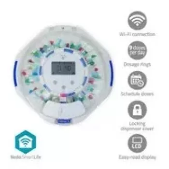 Dispenser di compresse Nedis SmartLife con 28 scomparti, 9 promemoria, bianco