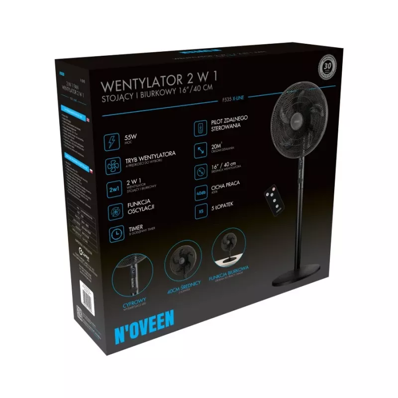 Ventilatore 2 in 1 a piantana e da tavolo Noveen F535 X-Line, 40 cm, nero