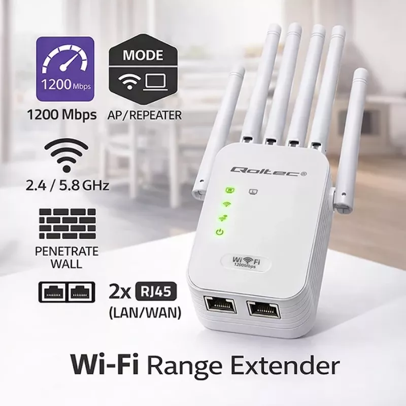 Ripetitore di segnale Wi‑Fi QOLTEC AC1200 – ripetitore dual band QOLTEC AC1200