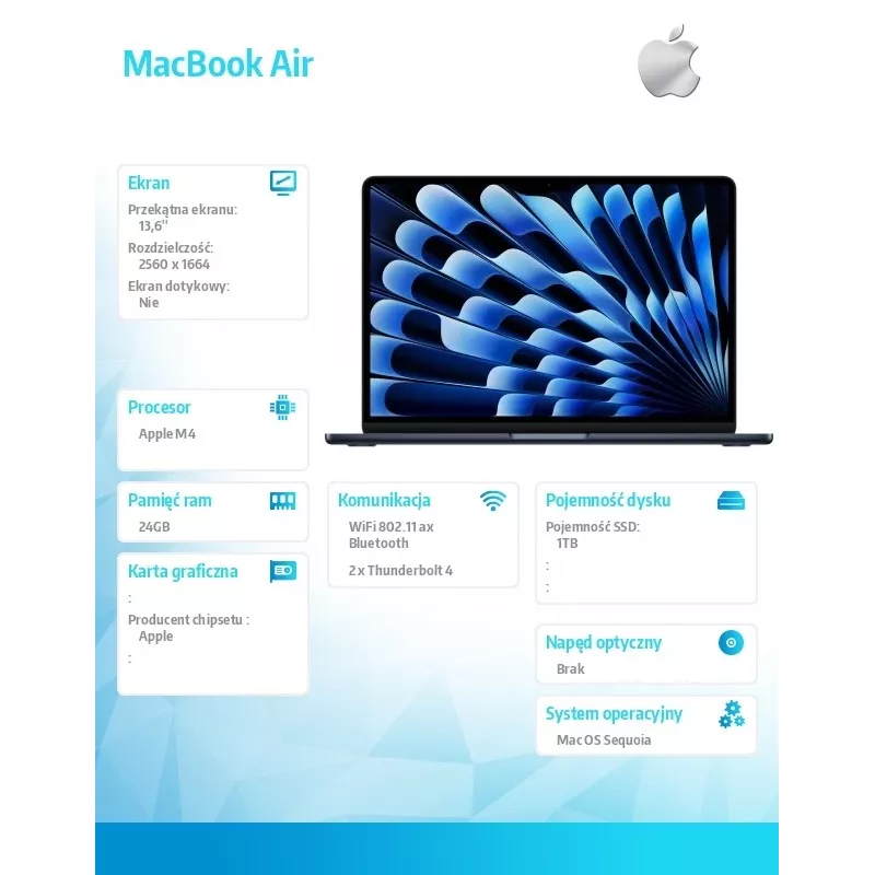 Laptop Apple Macbook Air M4 13,6 pollici 24GB 1TB Mac OS