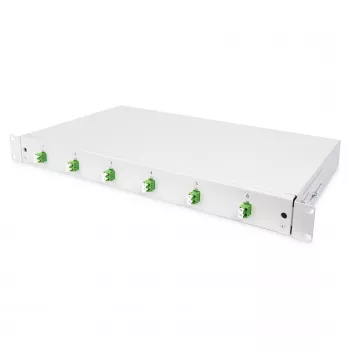 Cassetta di giunzione in fibra ottica DIGITUS DN-96330/9APC 1U, equipaggiata con 6x LC-APC DX, OS2, polimero/acciaio, grigio chiaro