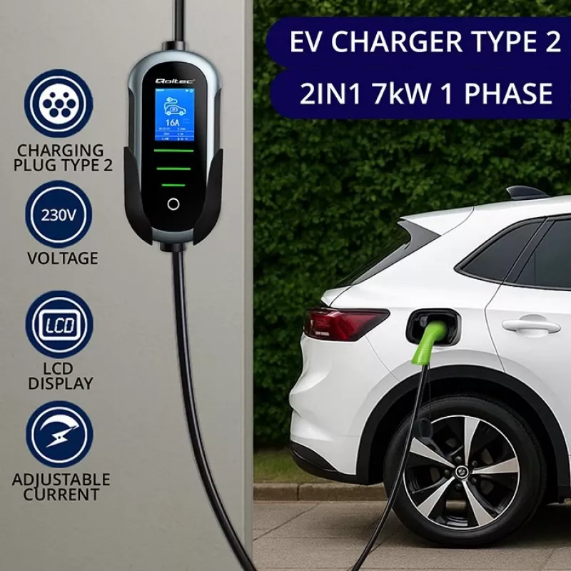 Caricabatterie per auto elettrica a parete QOLTEC 7 kW 230V CEE 32A con Wi‑Fi e LCD (modello 52721)