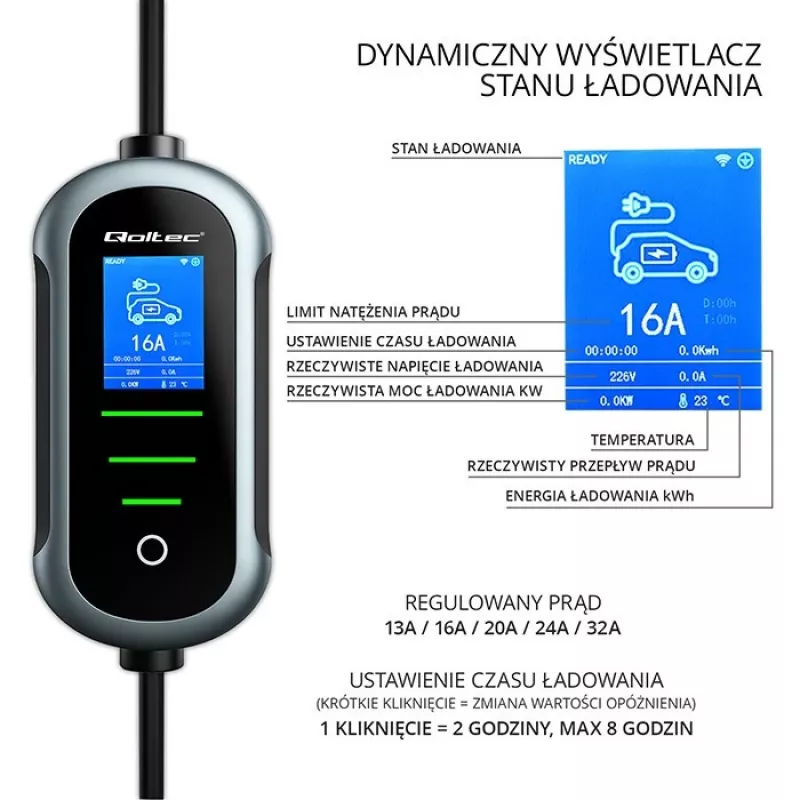 Caricabatterie per auto elettrica a parete QOLTEC 7 kW 230V CEE 32A con Wi‑Fi e LCD (modello 52721)