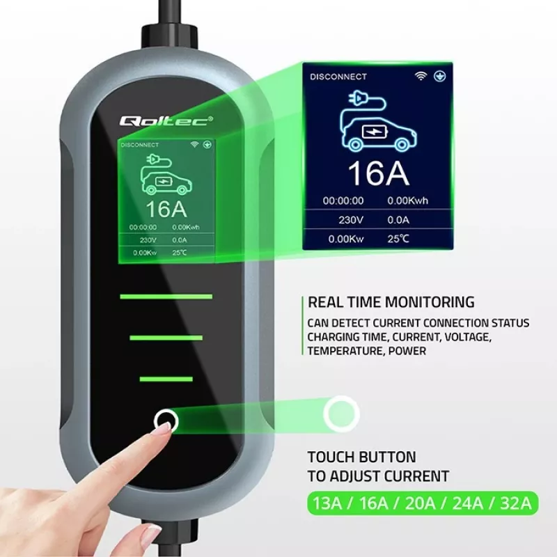 Caricabatterie per auto elettrica a parete QOLTEC 7 kW 230V CEE 32A con Wi‑Fi e LCD (modello 52721)