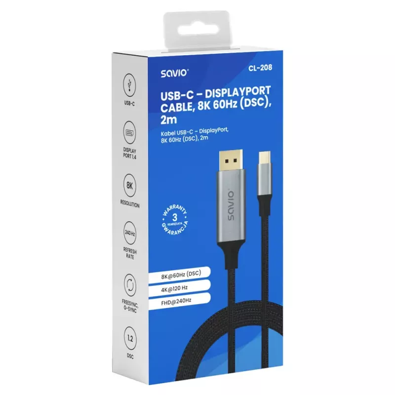 Cavo USB-C a DisplayPort SAVIO CL-208 (DisplayPort 1.2, 2 m)