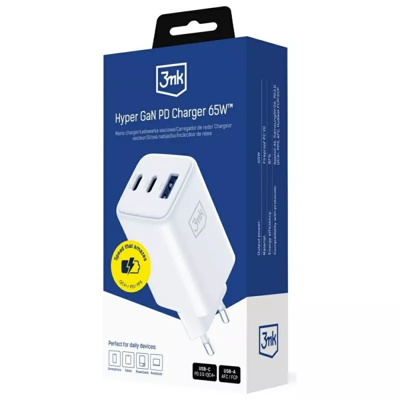 3MK Charger Hyper GaN 65W QC4+ — caricabatterie rapido USB GaN 65W con supporto QC4+
