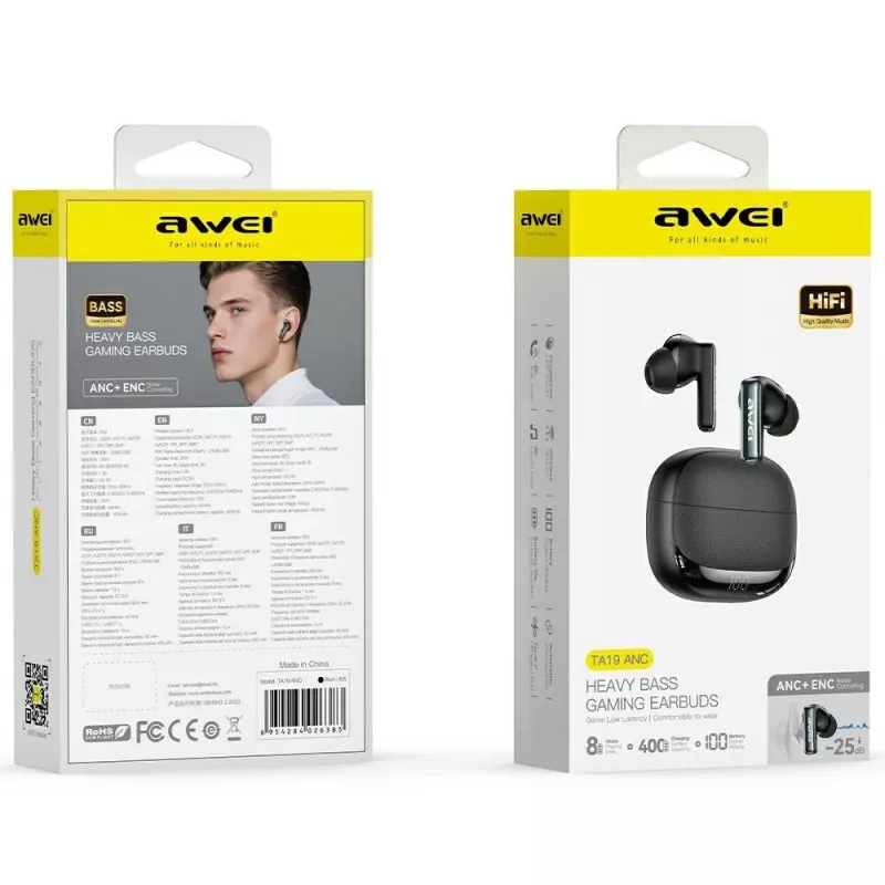 Cuffie Bluetooth Awei modello ANC TA19 TWS con cancellazione attiva del rumore, True Wireless Stereo, connettività Bluetooth