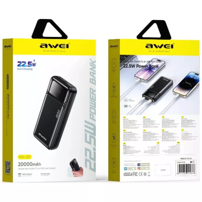Powerbank Awei PA-92 20000mAh 22,5 W PD con 2x connettori USB-C