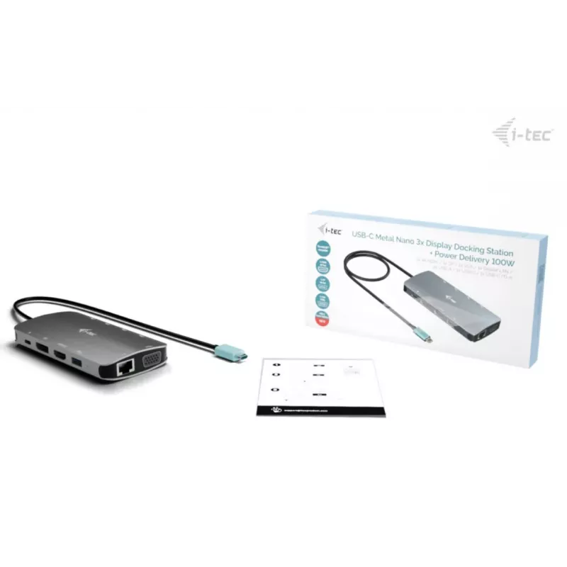 Docking station ITEC i-tec USB-C Metal Nano 3x Display (DP, HDMI, VGA) con Power Delivery 100 W, 4x USB-A, Gigabit Ethernet