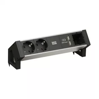 BACHMANN DESK2 ALU nero 2x presa Schuko 1x caricabatterie USB 1x ABD GST18