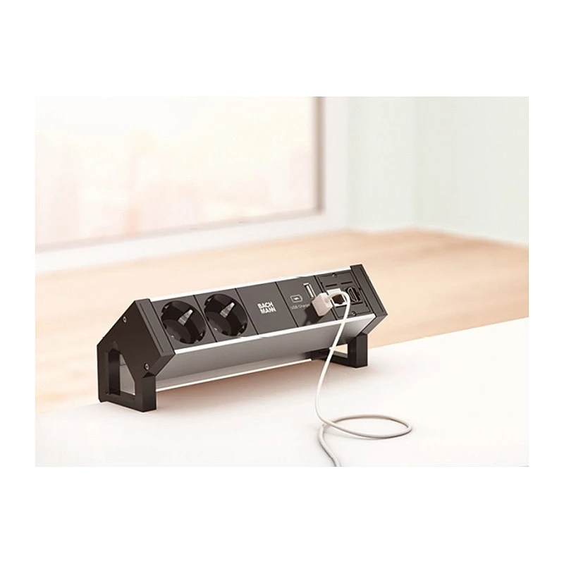 BACHMANN DESK2 ALU nero 2x presa Schuko 1x caricabatterie USB 1x ABD GST18