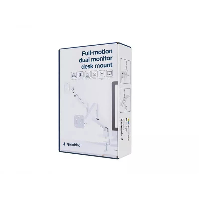 Supporto monitor GEMBIRD MA-DA2-06-W per schermi da 17–32 inch, montaggio a morsetto/binario da tavolo, bianco