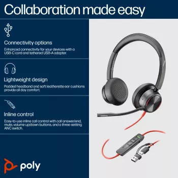 HP Poly Blackwire 8225 cuffie USB-C, con filo, ufficio/call center, 185 g, cuffie, nero