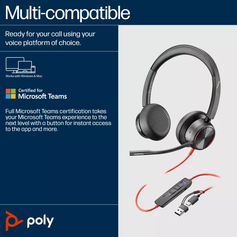 HP Poly Blackwire 8225 cuffie USB-C, con filo, ufficio/call center, 185 g, cuffie, nero