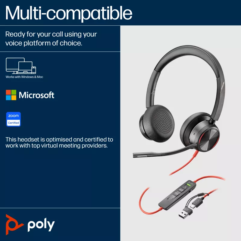 HP Poly Blackwire 8225 cuffie USB-C, con filo, ufficio/call center, 185 g, cuffie, nero