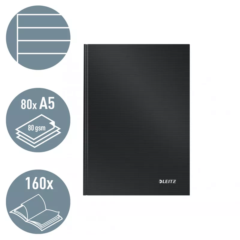 Leitz Quaderno Solid copertina rigida A5 a righe 90 g 80 fogli, monocromatico, nero, A5, 80 fogli, lucido, 80 g/m²
