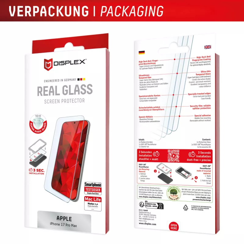 Vetro temperato protezione display e.v.i. Displex (10H) per Apple iPhone 17 Pro Max — antigraffio, antishock e antimacchia, 1 pezzo