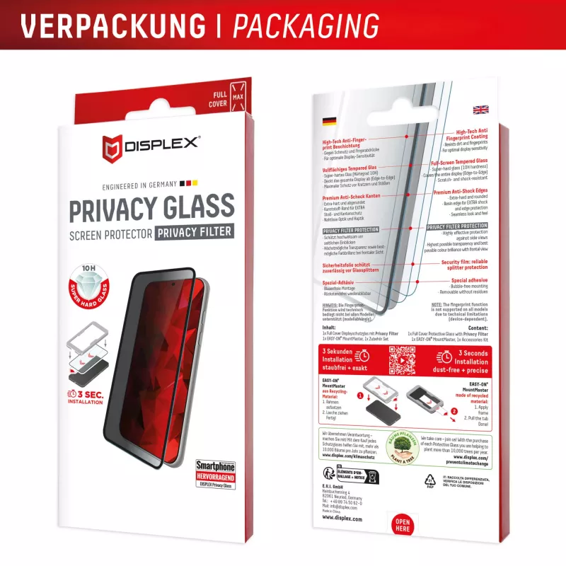 Vetro protettivo per display privacy in vetro temperato e.v.i. Displex (10H) per Apple iPhone 17 Pro Max, filtro privacy