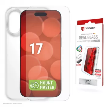 Protezione schermo e custodia e.v.i. Displex per Apple iPhone 17, vetro temperato, trasparente, applicazione a secco, antigraffio